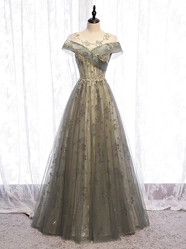 Luolandi A-Line Evening Gown Elegant Dress Wedding Guest Floor Length Short Sleeve Illusion Neck Tulle